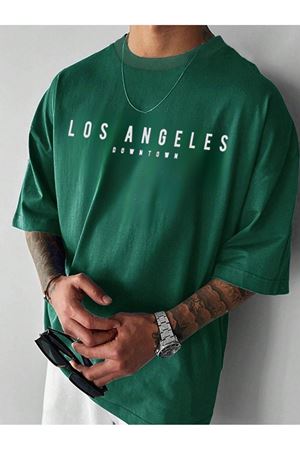 Los Angeles Downtown Süprem T-Shirt - Yeşil Baskılı Oversize Bisiklet Yaka Kısa Kol Tişört