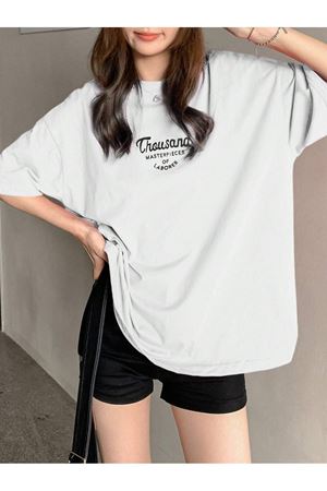 Thousand Süprem T-shirt - Beyaz Baskılı Oversize Bisiklet Yaka Kısa Kol Tişört