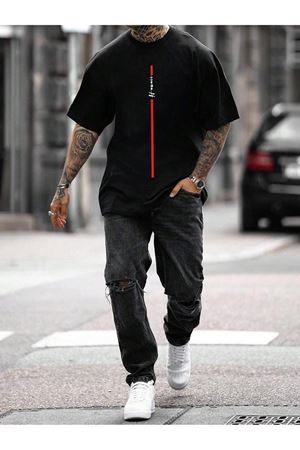 Dikey Yazılı Süprem T-Shirt - Siyah Baskılı Oversize Bisiklet Yaka Kısa Kol Tişört