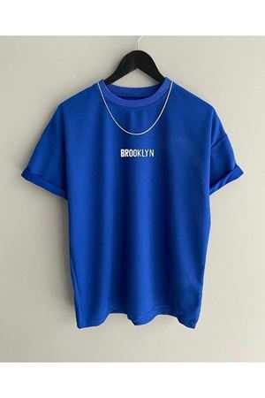 Brooklyn Minimal Yazı T-Shirt - Saks Mavi Baskılı Oversize Bisiklet Yaka Kısa Kol