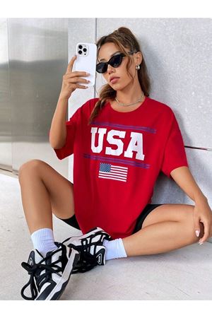 Usa Flag T-shirt - Kırmızı Oversize Baskılı Bisiklet Yaka