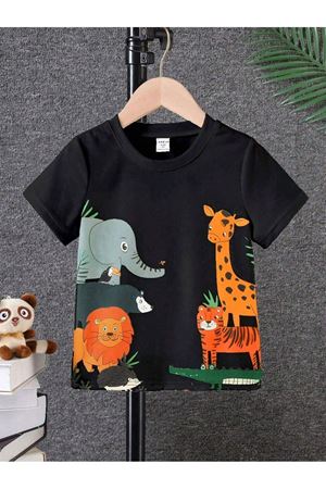 Hayvanlar Pamuklu Çocuk T-Shirt- Siyah Baskılı Kız Erkek Çocuk Yazlık Bisiklet Yaka Tişört