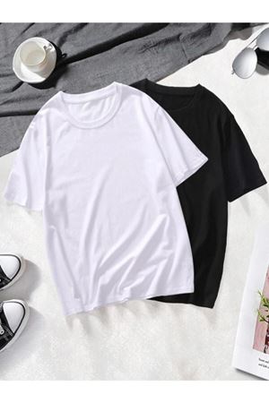 Basic Düz 2'li Çoklu Kombin T-shirt - Siyah Beyaz Oversize Bisiklet Yaka