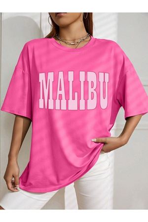 Malibu T-shirt - Pembe Baskılı Oversize Bisiklet Yaka Kısa Kol Tişört