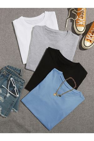 Düz Basic 4'lü Çoklu Kombin T-shirt - Siyah Gri Beyaz Ve Bebe Mavisi Oversize Bisiklet Yaka
