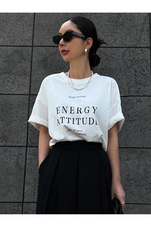 Energy Attitudy Süprem T-Shirt - Beyaz Baskılı Oversize Bisiklet Yaka Kısa Kol Tişört