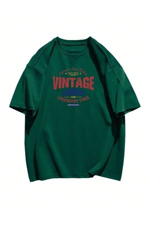 Vintage College T-Shirt - Yeşil Baskılı Oversize Bisiklet Yaka Kısa Kol