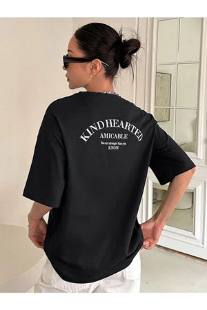 Kind Hearted T-shirt - Siyah Baskılı Oversize Bisiklet Yaka Kısa Kol Tişört