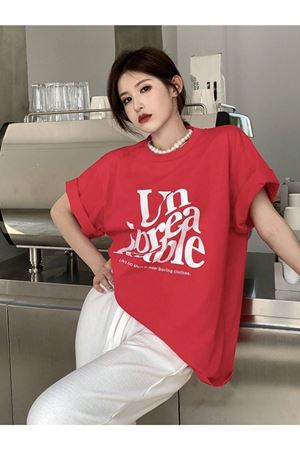 Kable T-shirt - Kırmızı Oversize Baskılı Bisiklet Yaka