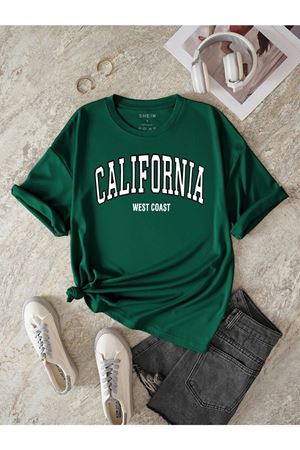 California Wc T-Shirt - Yeşil Baskılı Oversize Bisiklet Yaka Kısa Kol