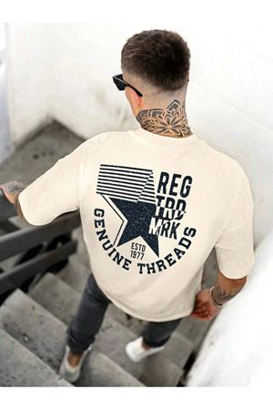 Genuıne Threads Oversize Bej Baskılı T-shirt - Bisiklet Yaka Kısa Kol Rahat Kalıp Tişört