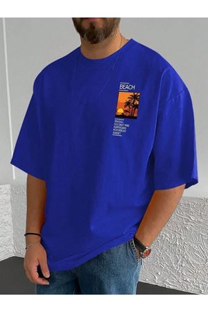 Beach Logo T-Shirt - Lacivert Baskılı Oversize Bisiklet Yaka Kısa Kol