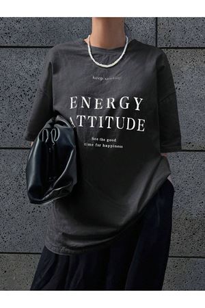 Energy Attitudy Süprem T-Shirt - Füme Baskılı Oversize Bisiklet Yaka Kısa Kol Tişört