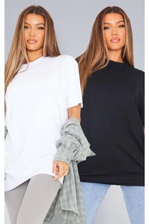 2'li Paket Düz Oversize T-shirt - Siyah Beyaz Oversize Bisiklet Yaka
