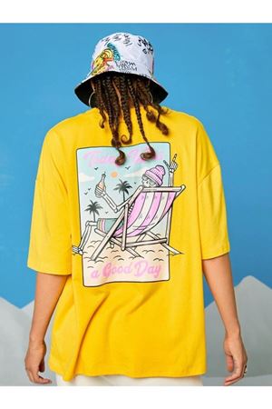 Today Was Good Day Süprem T-Shirt - Sarı Baskılı Oversize Bisiklet Yaka Kısa Kol Tişört