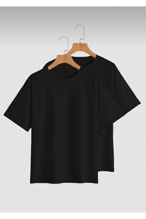Basic Düz 2'li Çoklu Kombin T-shirt - Siyah Oversize Bisiklet Yaka