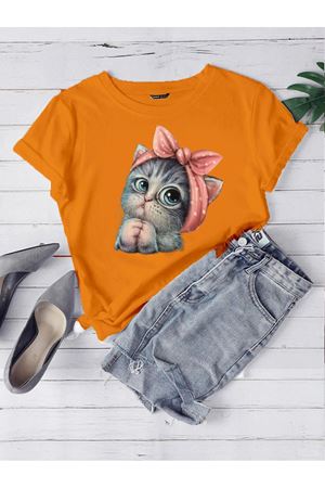 Oversize Turuncu Sevimli Minik Kedi Baskılı T-shirt Unisex Rahat Kalıp