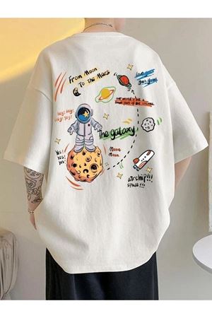 Moon To Mars T-Shirt - Beyaz Baskılı Oversize Bisiklet Yaka Kısa Kol