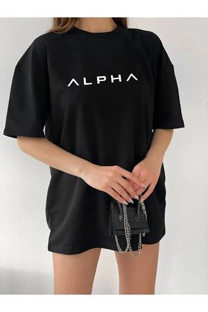 Unisex Siyah Pamuklu Oversize T-shirt Alpha Baskılı