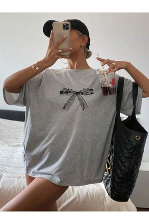 Fiyonk Süprem T-Shirt - Gri Baskılı Oversize Bisiklet Yaka Kısa Kol Tişört