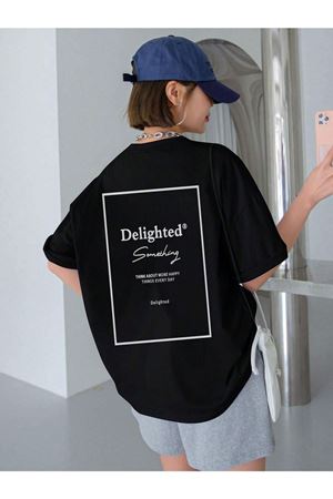Delighted T-shirt - Siyah Baskılı Oversize Bisiklet Yaka Kısa Kol Tişört