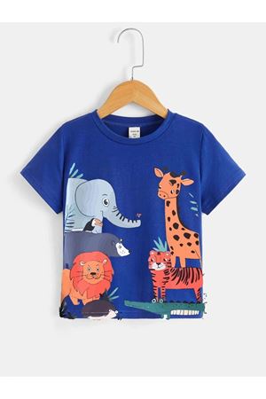 Hayvanlar Pamuklu Çocuk T-Shirt- Saks Mavi Baskılı Kız Erkek Çocuk Yazlık Bisiklet Yaka Tişört