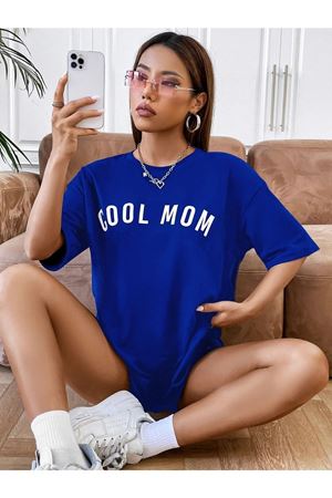 Cool Mom T-shirt - Lacivert Baskılı Oversize Bisiklet Yaka Kısa Kol Tişört