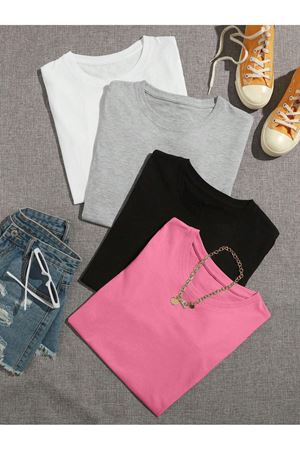 Düz Basic 4'lü Çoklu Kombin T-shirt - Beyaz Gri Siyah Ve Pembe Oversize Bisiklet Yaka