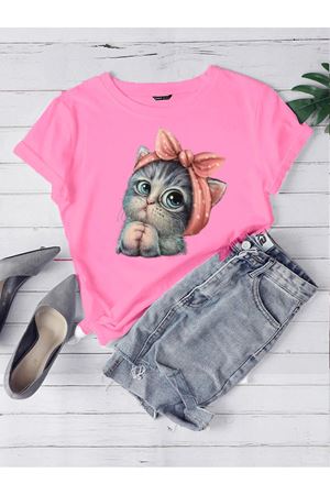 Oversize Pembe Sevimli Minik Kedi Baskılı T-shirt Unisex Rahat Kalıp