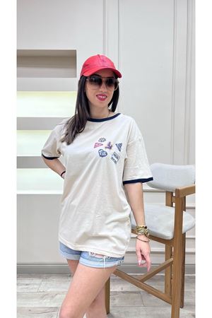 Uncool Parçalı Süprem T-Shirt - Bej Lacivert Oversize Bisiklet Yaka Kısa Kol Tişört
