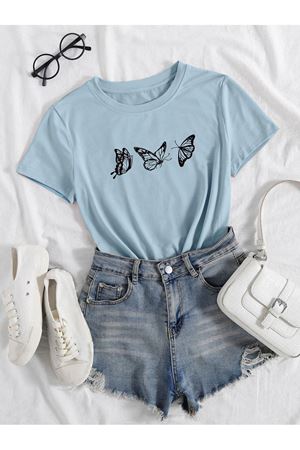 Uçan Kelebekler Süprem T-Shirt - Bebe Mavisi Baskılı Oversize Bisiklet Yaka Kısa Kol Tişört