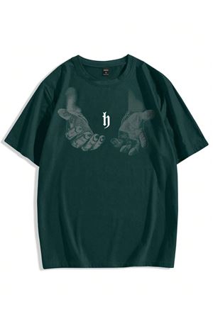 Erkek El Baskı Oversize Nefti Yeşil Baskılı T-shirt - Bisiklet Yaka Kısa Kol Rahat Kalıp Tişört