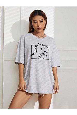 Sevimli Dinazor T-shirt - Gri Oversize Baskılı Bisiklet Yaka