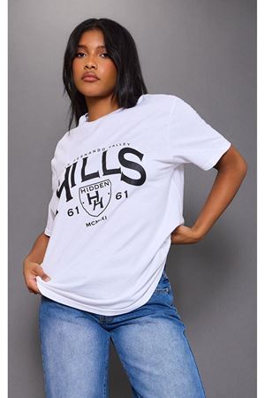 Hidden Hills Süprem T-Shirt - Beyaz Baskılı Oversize Bisiklet Yaka Kısa Kol Tişört