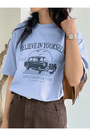 Believe In Yourself T-shirt - Bebe Mavisi Baskılı Oversize Bisiklet Yaka Kısa Kol Tişört