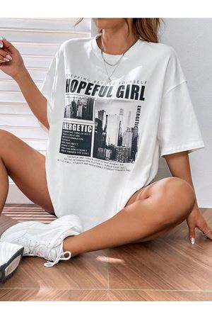 Hopeful Girl T-shirt - Beyaz Baskılı Oversize Bisiklet Yaka Kısa Kol Tişört