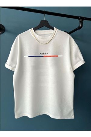 Paris Çizgi Detay T-Shirt - Beyaz Baskılı Oversize Bisiklet Yaka Kısa Kol