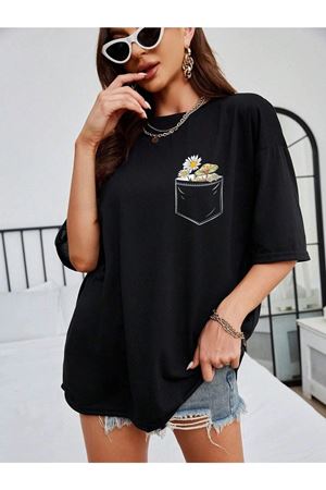 Cep Detay Baskılı T-Shirt - Siyah Oversize Bisiklet Yaka Kısa Kol