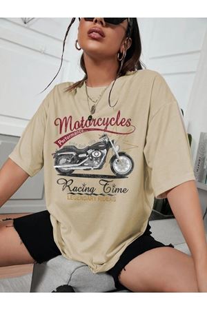 Unisex Vizon Pamuklu Oversize T-shirt Motorsiklet Baskılı