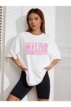 Malibu T-shirt - Beyaz Baskılı Oversize Bisiklet Yaka Kısa Kol Tişört