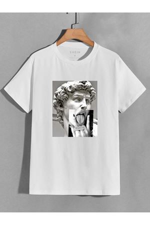 Heykel Tasarım Süprem T-Shirt - Beyaz Baskılı Oversize Bisiklet Yaka Kısa Kol Tişört