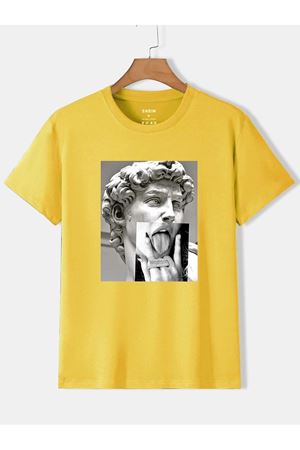 Heykel Tasarım Süprem T-Shirt - Sarı Baskılı Oversize Bisiklet Yaka Kısa Kol Tişört