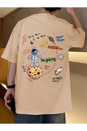Moon To Mars T-Shirt - Bej Baskılı Oversize Bisiklet Yaka Kısa Kol