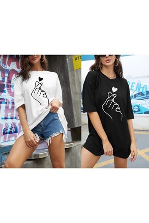 2 Li Tişört Takımı El Ve Kalp Baskılı Oversize Unisex