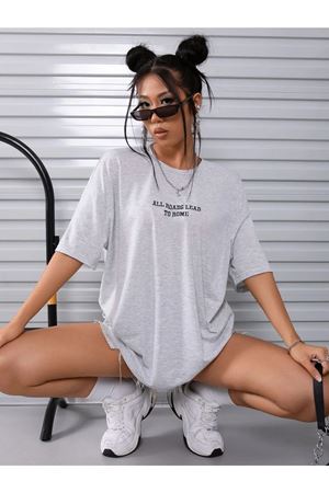 To Rome T-shirt - Gri Baskılı Oversize Bisiklet Yaka Kısa Kol Tişört