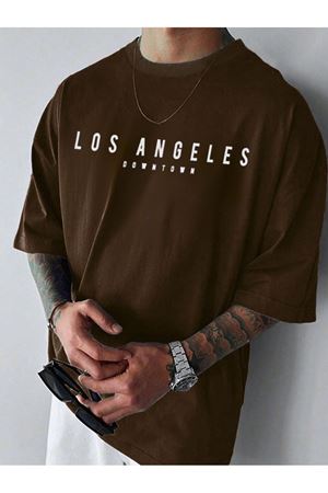 Los Angeles Downtown Süprem T-Shirt - Kahverengi Baskılı Oversize Bisiklet Yaka Kısa Kol Tişört