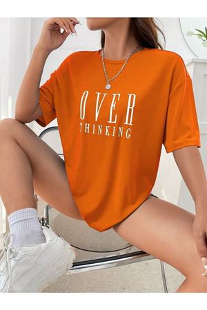 Over Thinking T-shirt - Turuncu Baskılı Oversize Bisiklet Yaka Kısa Kol Tişört