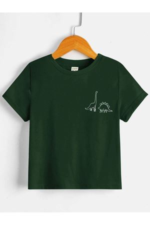 Dinazorlar Pamuklu Çocuk T-Shirt- Nefti Yeşil Baskılı Kız Erkek Çocuk Yazlık Bisiklet Yaka Tişört