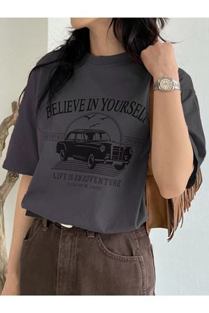 Believe In Yourself T-shirt - Füme Baskılı Oversize Bisiklet Yaka Kısa Kol Tişört