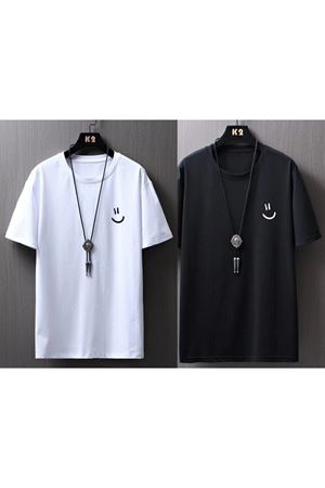 2 Li Tişört Takımı Gülücük Emoji Baskılı Oversize Unisex